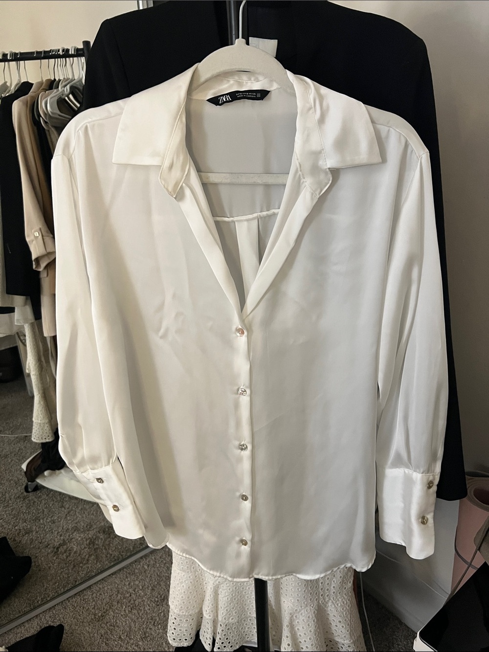 Zara White Satin oversized Button-Up Blouse